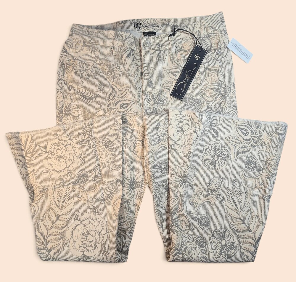 DG2 Diane Gilman Printed Denim Jeans Neutral Beige Grey Paisley Floral 16 NWT